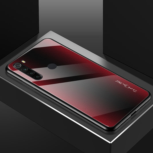 For Xiaomi Redmi Note 8 Carbon Fiber Texture Gradient Color Glass Case(Red) by buy2fix