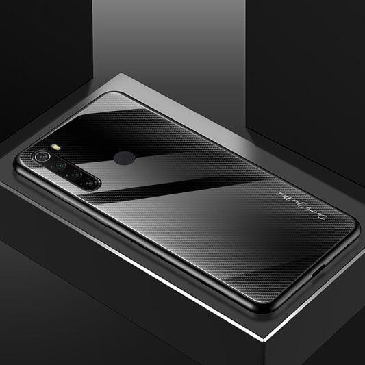 For Xiaomi Redmi Note 8 Carbon Fiber Texture Gradient Color Glass Case(Black) by buy2fix