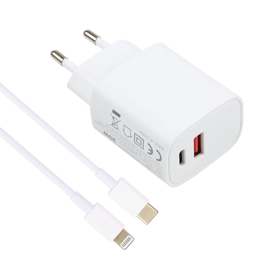 T087 20W USB-C / Type-C + USB Ports Charger with 100W Type-C to 8 Pin Fast Charging Cable 2m, EU Plug by buy2fix