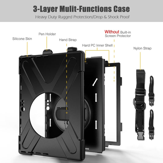 For Microsoft Surface Pro 4 / 5 / 6 / 7 / 7+ Shockproof Colorful Silicone + PC Protective Case with Holder & Hand Strap & Pen Slot(Black) by buy2fix