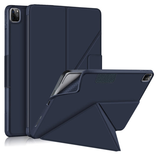 For iPad Pro 12.9 2022 / 2021 Multi-folding Horizontal Flip PU Leather Shockproof Tablet Case with Holder & Sleep / Wake-up Function (Dark Blue) by buy2fix