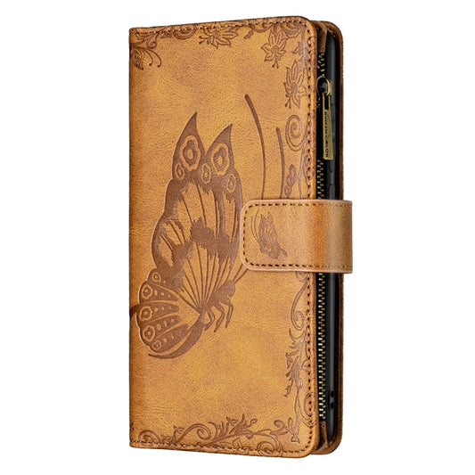 For Samsung Galaxy S21 FE Flying Butterfly Embossing Pattern Zipper Horizontal Flip Leather Case with Holder & Card Slots & Wallet(Brown) by buy2fix