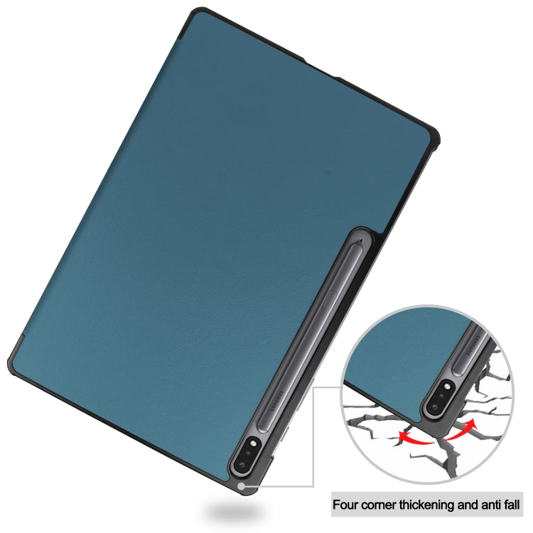 For Samsung Galaxy Tab S7 Lite T730 / T735 / Tab S7 FE T736 Custer Texture Horizontal Flip Leather Case with Three-folding Holder & Sleep / Wake-up Function(Dark Green) by buy2fix