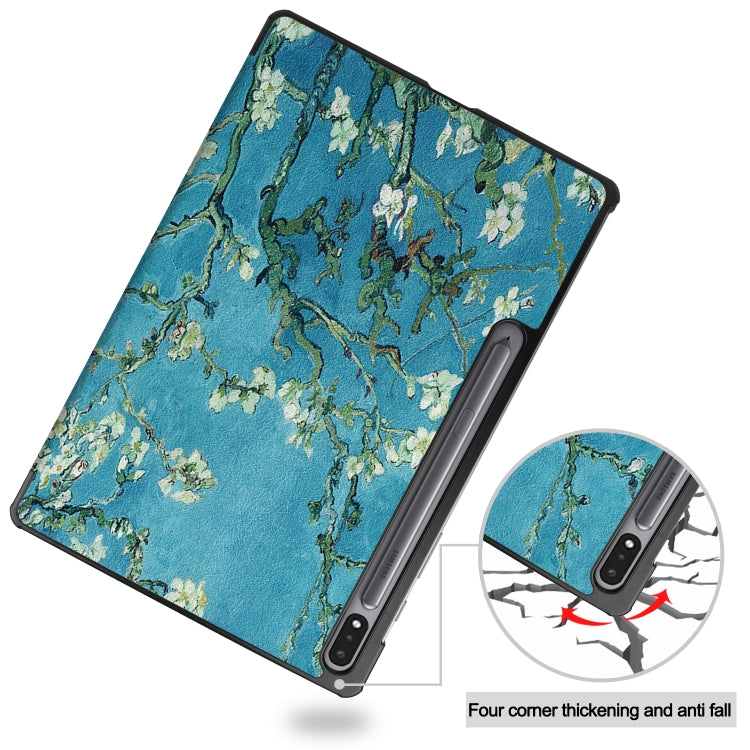 For Samsung Galaxy Tab S7 Lite T730 / T735 / Tab S7 FE T736 Custer Painted PU Leather Case with Sleep / Wake-up Function & 3-Fold Holder(Apricot Blossom) by buy2fix