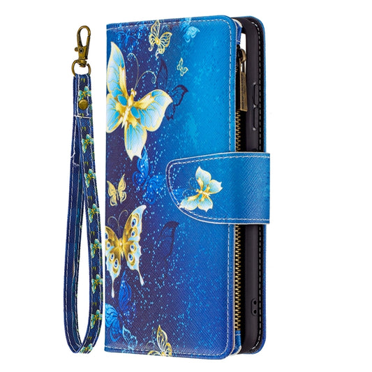 For Samsung Galaxy A22 5G Colored Drawing Pattern Zipper Horizontal Flip Leather Case with Holder & Card Slots & Wallet(Gold Butterfly) by buy2fix