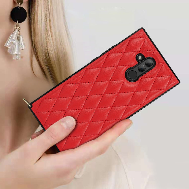 For Huawei Mate 20 Lite Elegant Rhombic Pattern Microfiber Leather +TPU Shockproof Case with Crossbody Strap Chain(Red) by buy2fix