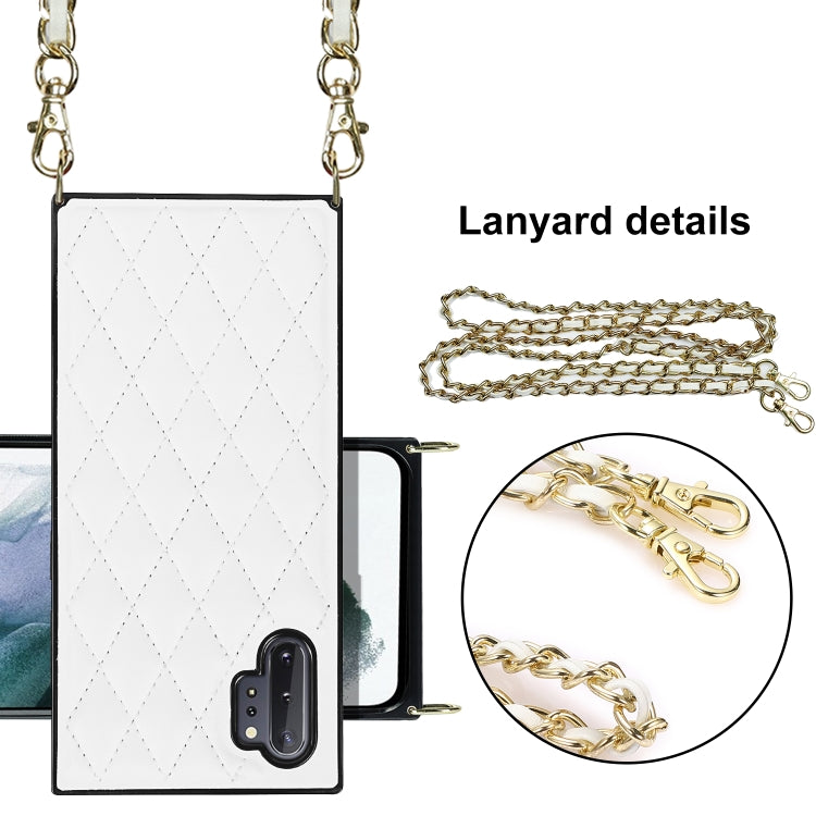 For Samsung Galaxy Note10+ Elegant Rhombic Pattern Microfiber Leather +TPU Shockproof Case with Crossbody Strap Chain(White) by buy2fix