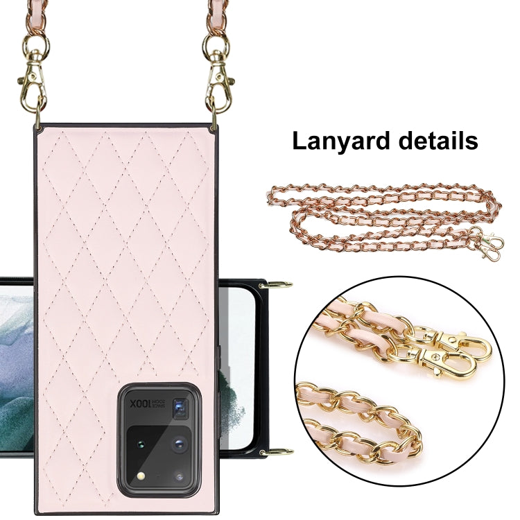 For Samsung Galaxy S20 Ultra Elegant Rhombic Pattern Microfiber Leather +TPU Shockproof Case with Crossbody Strap Chain(Pink) by buy2fix