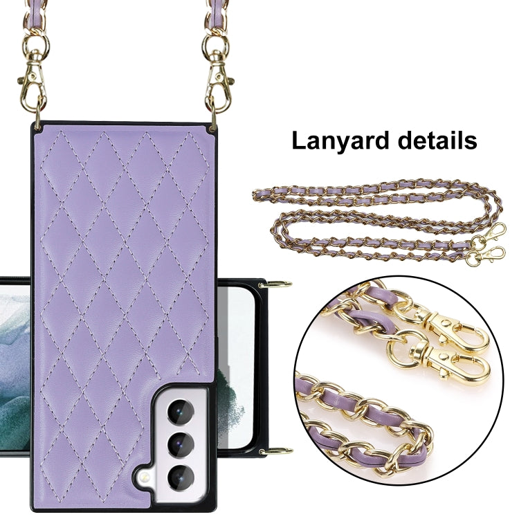 For Samsung Galaxy S21 5G Elegant Rhombic Pattern Microfiber Leather +TPU Shockproof Case with Crossbody Strap Chain(Purple) by buy2fix