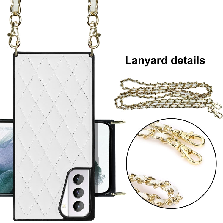 For Samsung Galaxy S21+ 5G Elegant Rhombic Pattern Microfiber Leather +TPU Shockproof Case with Crossbody Strap Chain(White) by buy2fix