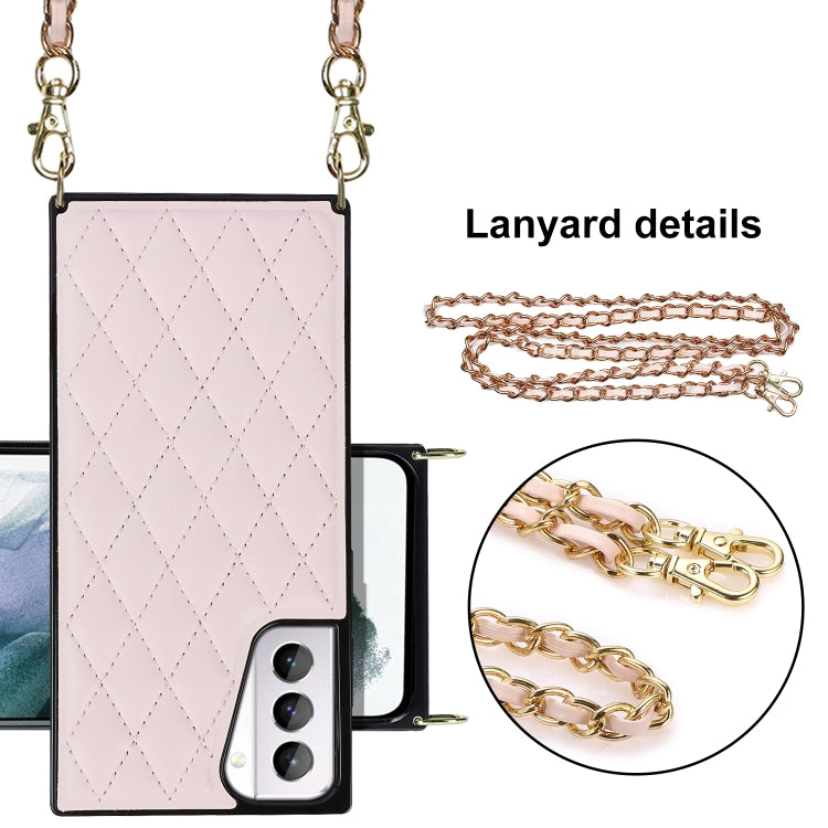 For Samsung Galaxy S21+ 5G Elegant Rhombic Pattern Microfiber Leather +TPU Shockproof Case with Crossbody Strap Chain(Pink) by buy2fix