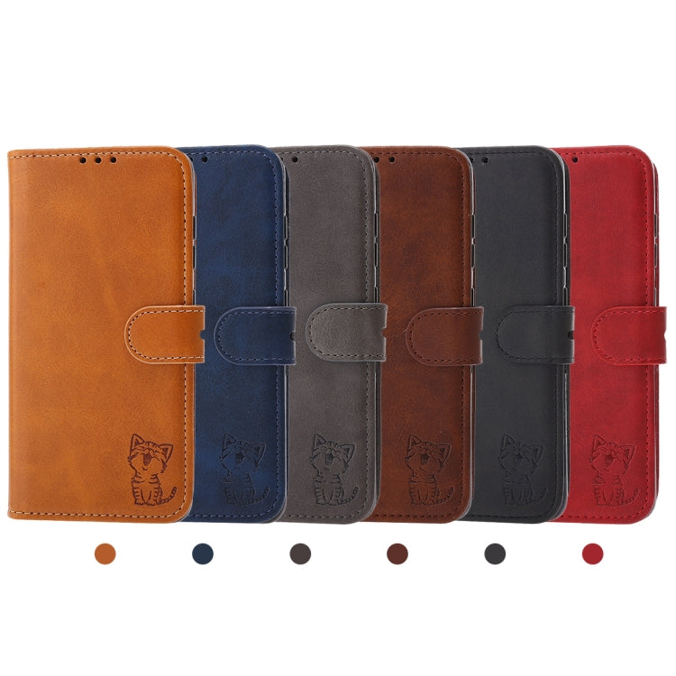 For Samsung Galaxy A22 4G Embossed Happy Cat Pattern Horizontal Flip Leather Case with Holder & Card Slots & Wallet(Red) by buy2fix