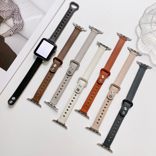 Double Studs Buckle Genuine Leather Watch Band Watch Band For Apple Watch Series 9&8&7 41mm / SE 3&SE 2&6&SE&5&4 40mm / 3&2&1 38mm(Cream) by buy2fix