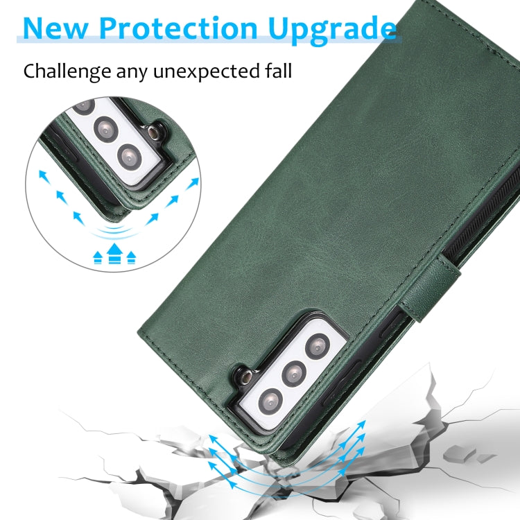 For Samsung Galaxy S21 5G Calf Texture 2 in 1 Detachable Magnetic Back Cover Horizontal Flip Leather Case with Holder & Card Slots & Wallet & Photo Frame(Green) by buy2fix
