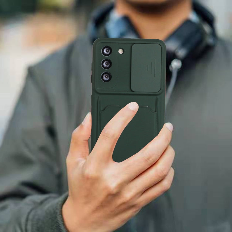 For Samsung Galaxy S21+ 5G Sliding Camera Cover Design TPU Protective Case with Card Slot(Dark Green) by buy2fix