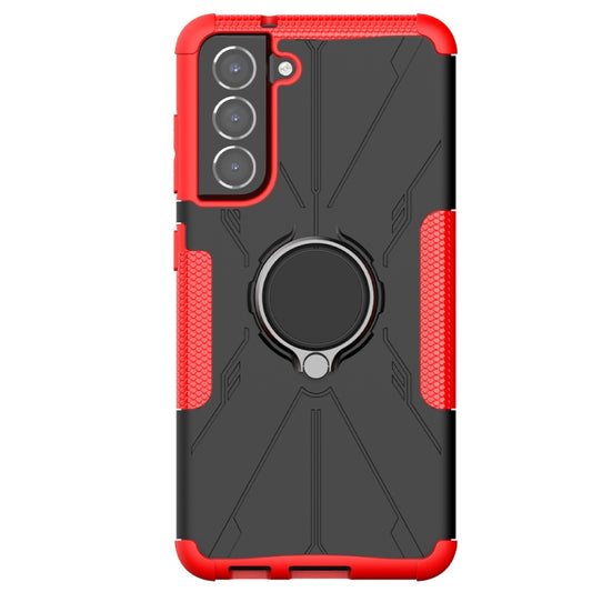 For Samsung Galaxy S21 FE Machine Armor Bear Shockproof PC + TPU Protective Case with Ring Holder(Red) by buy2fix
