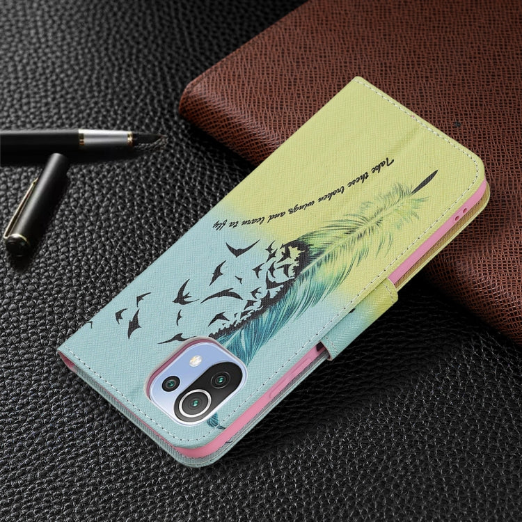 For Xiaomi Mi 11 Lite Colored Drawing Pattern Horizontal Flip Leather Case with Holder & Card Slots & Wallet(Feather) by buy2fix