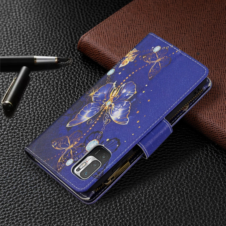 For Xiaomi Poco M3 Pro / Redmi Note 10 5G Colored Drawing Pattern Zipper Horizontal Flip Leather Case with Holder & Card Slots & Wallet(Purple Butterfly) by buy2fix