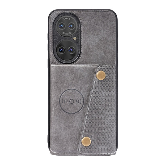 For Huawei P50 Double Buckle PU + TPU Shockproof Magnetic Protective Case with Card Slot & Holder(Grey) by buy2fix