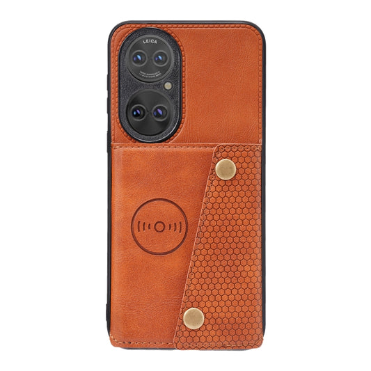 For Huawei P50 Double Buckle PU + TPU Shockproof Magnetic Protective Case with Card Slot & Holder(Brown) by buy2fix