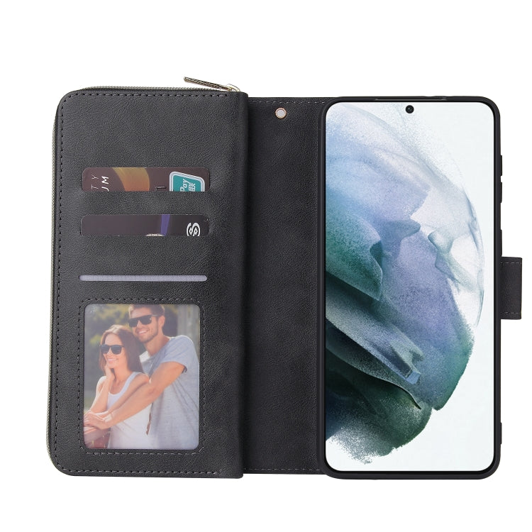 For Samsung Galaxy S21+ Zipper Wallet Bag Horizontal Flip PU Leather Case with Holder & 9 Card Slots & Wallet & Lanyard & Photo Frame(Black) by buy2fix