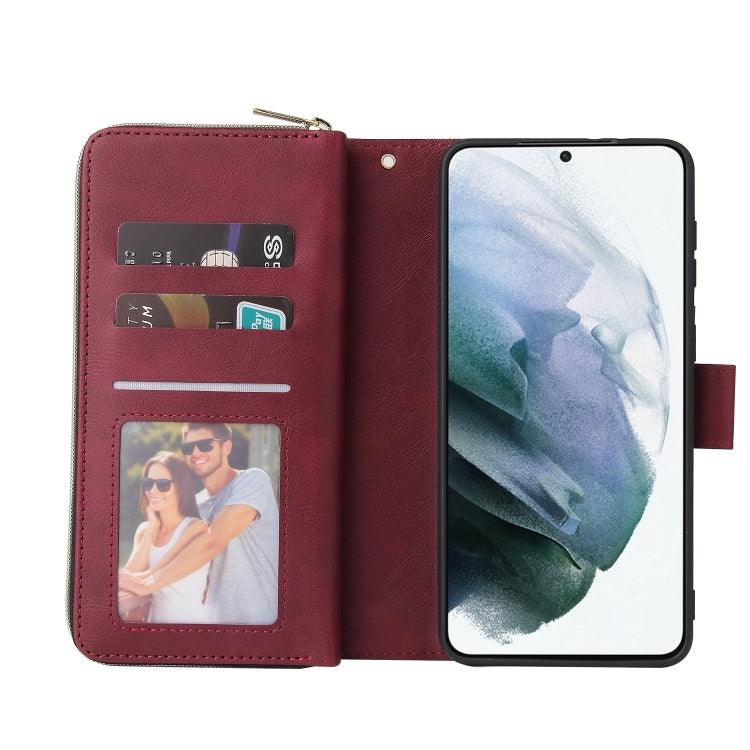 For Samsung Galaxy S21+ Zipper Wallet Bag Horizontal Flip PU Leather Case with Holder & 9 Card Slots & Wallet & Lanyard & Photo Frame(Red Wine) by buy2fix