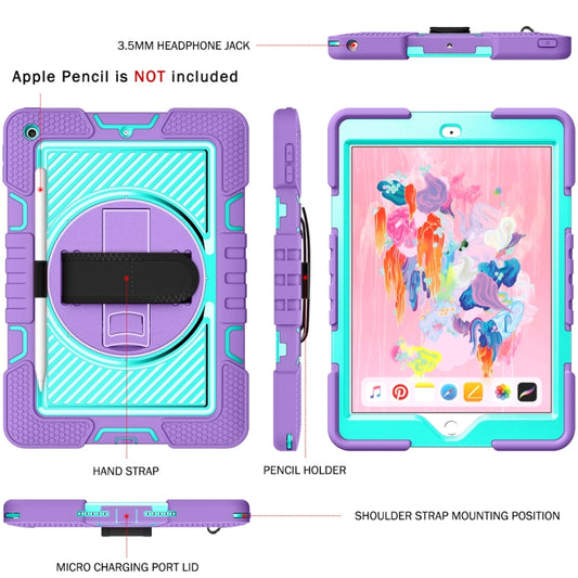 360 Degree Rotation Contrast Color Shockproof Silicone + PC Case with Holder & Hand Grip Strap & Shoulder Strap For iPad 9.7 2018 / 2017 / Air / Air 2 / Pro 9.7 (Purple + Mint Green) by buy2fix