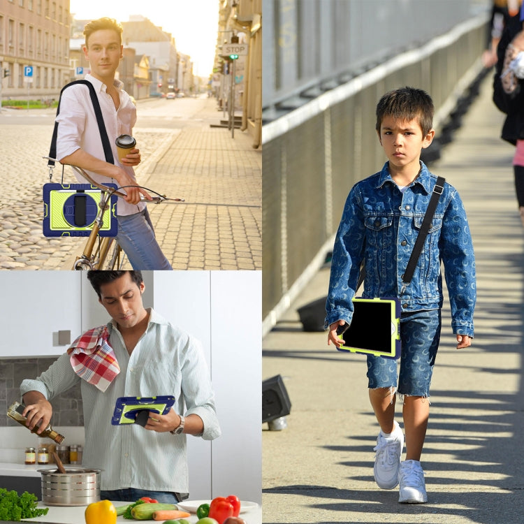 For iPad 10.2 2021 / 2020 / 2019 360 Degree Rotation Contrast Color Shockproof Silicone + PC Case with Holder & Hand Grip Strap & Shoulder Strap (Navy+Yellow Green) by buy2fix