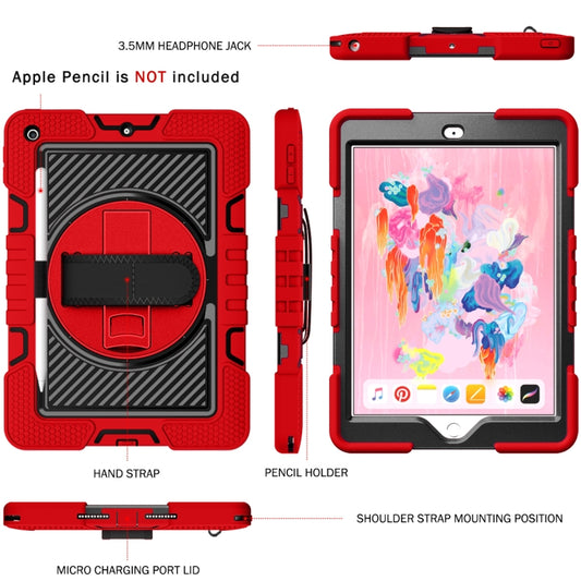 For iPad 10.2 2021 / 2020 / 2019 360 Degree Rotation Contrast Color Shockproof Silicone + PC Case with Holder & Hand Grip Strap & Shoulder Strap (Red+Black) by buy2fix
