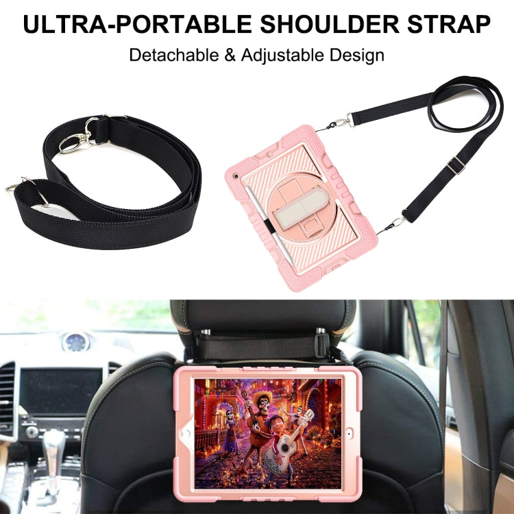 For iPad 10.2 2021 / 2020 / 2019 360 Degree Rotation Contrast Color Shockproof Silicone + PC Case with Holder & Hand Grip Strap & Shoulder Strap(Rose Gold) by buy2fix
