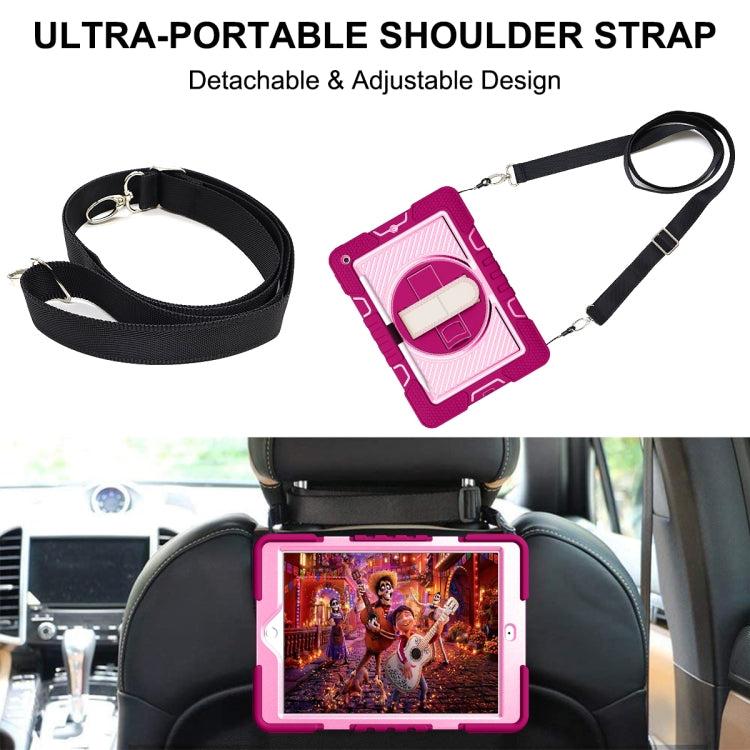 For iPad 10.2 2021 / 2020 / 2019 360 Degree Rotation Contrast Color Shockproof Silicone + PC Case with Holder & Hand Grip Strap & Shoulder Strap (Rose Red+Pink) by buy2fix