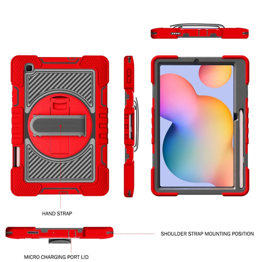 For Samsung Galaxy Tab S6 Lite P610/P615 360 Degree Rotation Contrast Color Shockproof Silicone + PC Case with Holder & Hand Grip Strap & Shoulder Strap(Red+Black) by buy2fix