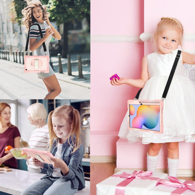 For Samsung Galaxy Tab S6 Lite P610/P615 360 Degree Rotation Contrast Color Shockproof Silicone + PC Case with Holder & Hand Grip Strap & Shoulder Strap(Rose Gold) by buy2fix