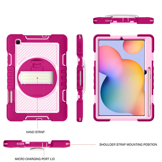 For Samsung Galaxy Tab S6 Lite P610/P615 360 Degree Rotation Contrast Color Shockproof Silicone + PC Case with Holder & Hand Grip Strap & Shoulder Strap(Rose Red+Pink) by buy2fix