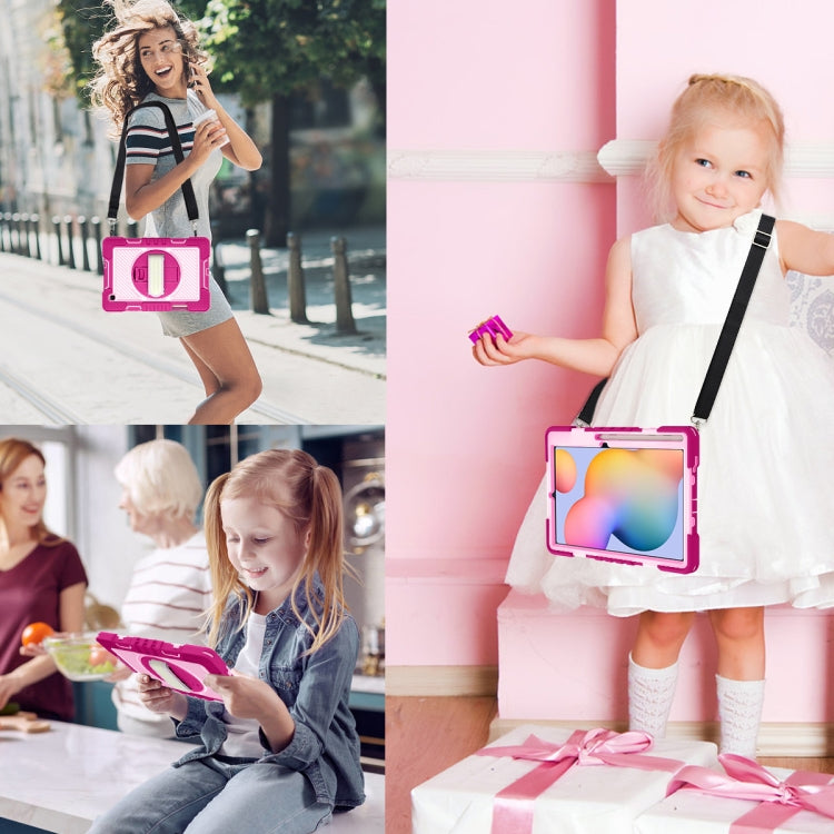 For Samsung Galaxy Tab S6 Lite P610/P615 360 Degree Rotation Contrast Color Shockproof Silicone + PC Case with Holder & Hand Grip Strap & Shoulder Strap(Rose Red+Pink) by buy2fix
