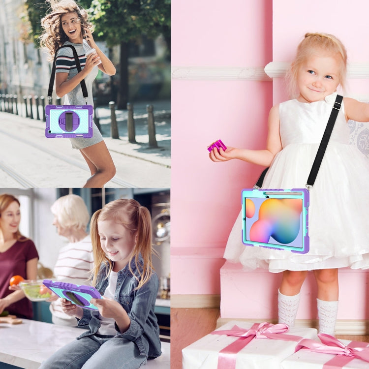 For Samsung Galaxy Tab S6 Lite P610/P615 360 Degree Rotation Contrast Color Shockproof Silicone + PC Case with Holder & Hand Grip Strap & Shoulder Strap(Purple + Mint Green) by buy2fix