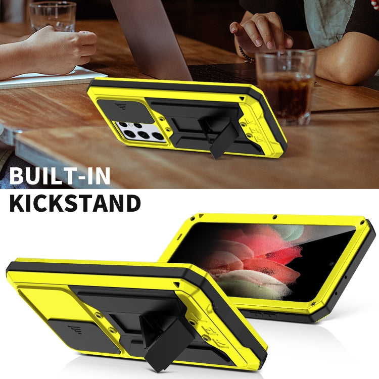 For Samsung Galaxy S21 Ultra 5G R-JUST Sliding Lens Cover Shockproof Dustproof Waterproof Metal + Silicone Case with Invisible Holder(Yellow) by R-JUST
