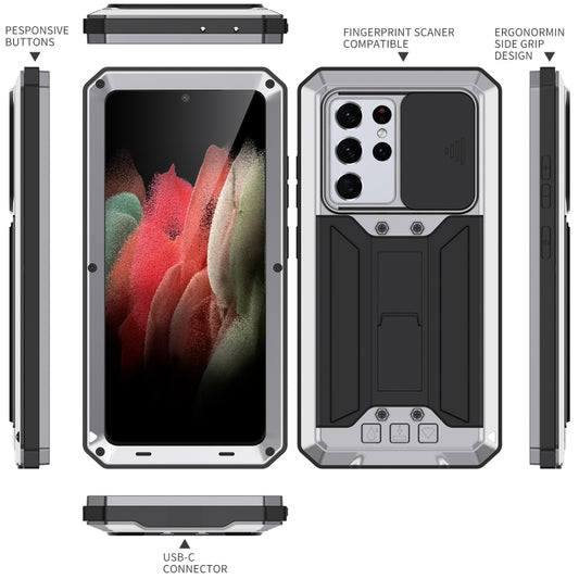 For Samsung Galaxy S21 Ultra 5G R-JUST Sliding Lens Cover Shockproof Dustproof Waterproof Metal + Silicone Case with Invisible Holder(Silver) by R-JUST