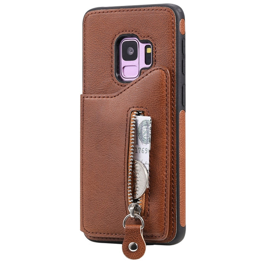 For Galaxy S9 Solid Color Double Buckle Zipper Shockproof Protective Case(Brown) by buy2fix