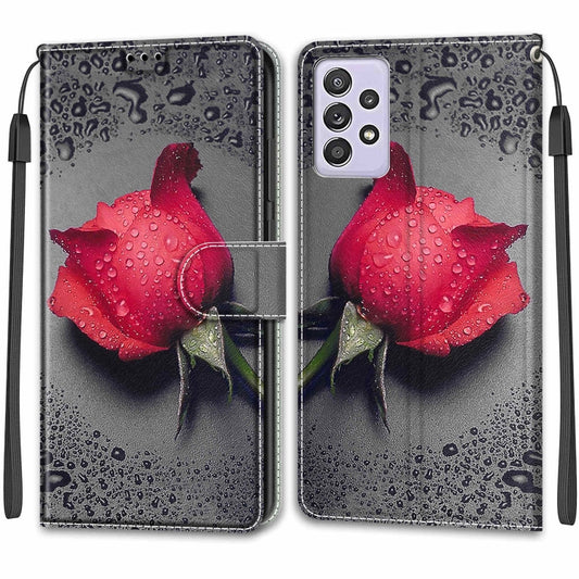 For Samsung Galaxy A52 5G Voltage Colored Drawing Magnetic Clasp Horizontal Flip PU Leather Case with Holder & Card Slots(C14 Black Water Drop Rose) by buy2fix