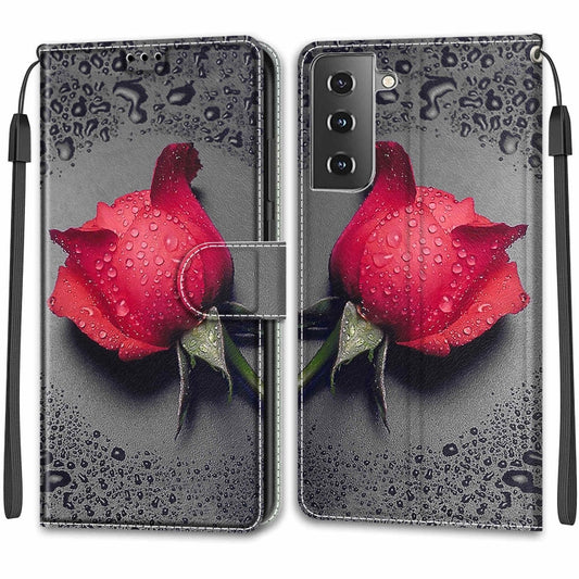 For Samsung Galaxy S21 5G Voltage Colored Drawing Magnetic Clasp Horizontal Flip PU Leather Case with Holder & Card Slots(C14 Black Water Drop Rose) by buy2fix