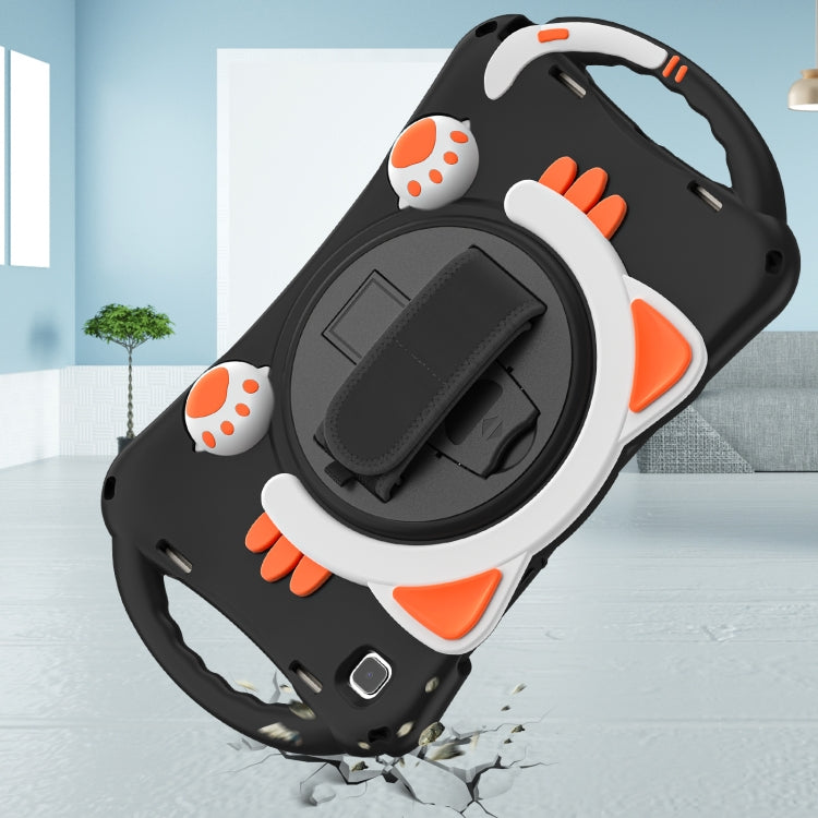 For Samsung Galaxy Tab A7 10.4 2020 SM-T500 Cute Cat King Kids Shockproof Silicone Tablet Case with Holder & Shoulder Strap & Handle(Black Orange) by buy2fix