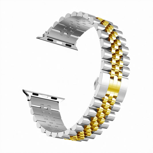 Man Five Beads Stainless Steel Watch Band, Width: 22mm For Apple Watch Ultra 49mm&Watch Ultra 2 49mm / Series 9&8&7 45mm / SE 3&SE 2&6&SE&5&4 44mm / 3&2&1 42mm(Silver + Gold) by buy2fix