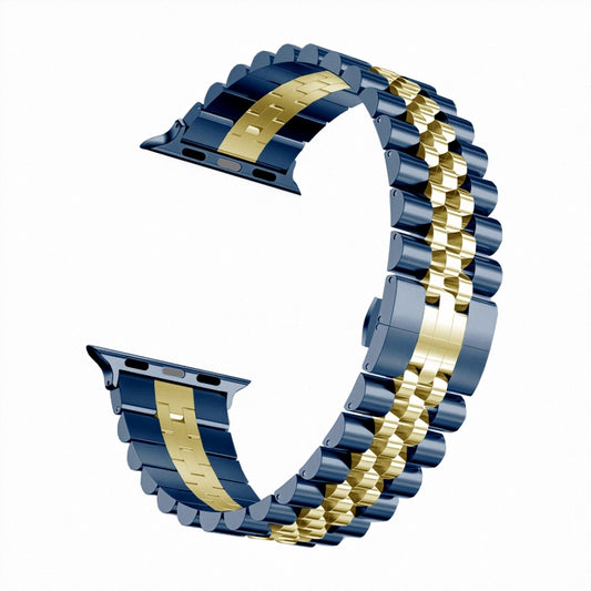 Man Five Beads Stainless Steel Watch Band, Width: 22mm For Apple Watch Ultra 49mm&Watch Ultra 2 49mm / Series 9&8&7 45mm / SE 3&SE 2&6&SE&5&4 44mm / 3&2&1 42mm(Blue + Gold) by buy2fix