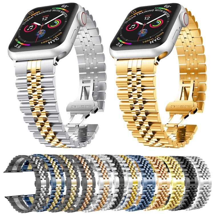 Man Five Beads Stainless Steel Watch Band, Width: 22mm For Apple Watch Ultra 49mm&Watch Ultra 2 49mm / Series 9&8&7 45mm / SE 3&SE 2&6&SE&5&4 44mm / 3&2&1 42mm(Silver + Gold) by buy2fix