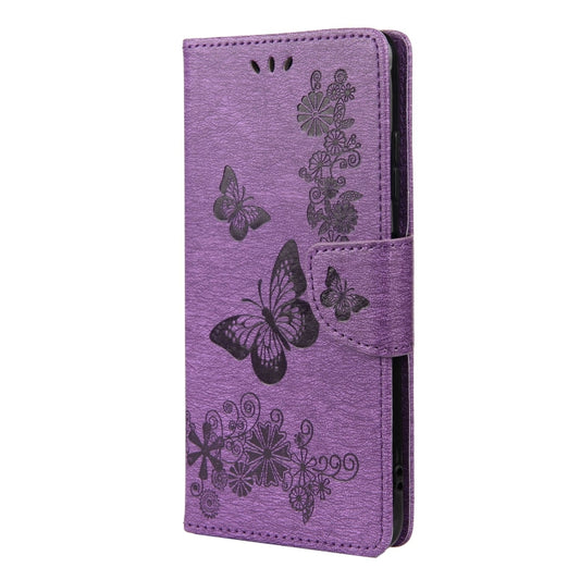 For Samsung Galaxy A22 5G Vintage Embossed Floral Butterfly Pattern Horizontal Flip Leather Case with Card Slot & Holder & Wallet & Lanyard(Purple) by buy2fix