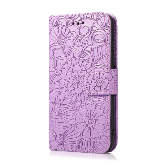 For iPhone SE 2022 / SE 2020 / 7 / 8 Skin Feel Embossed Sunflower Horizontal Flip Leather Case with Holder & Card Slots & Wallet & Lanyard(Purple) by buy2fix