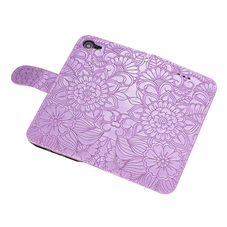 For iPhone SE 2022 / SE 2020 / 7 / 8 Skin Feel Embossed Sunflower Horizontal Flip Leather Case with Holder & Card Slots & Wallet & Lanyard(Purple) by buy2fix