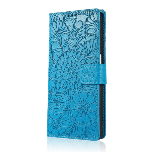 For Samsung Galaxy A12 Skin Feel Embossed Sunflower Horizontal Flip Leather Case with Holder & Card Slots & Wallet & Lanyard(Blue) by buy2fix