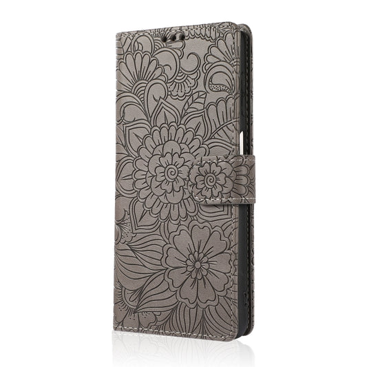 For Samsung Galaxy A12 Skin Feel Embossed Sunflower Horizontal Flip Leather Case with Holder & Card Slots & Wallet & Lanyard(Gray) by buy2fix